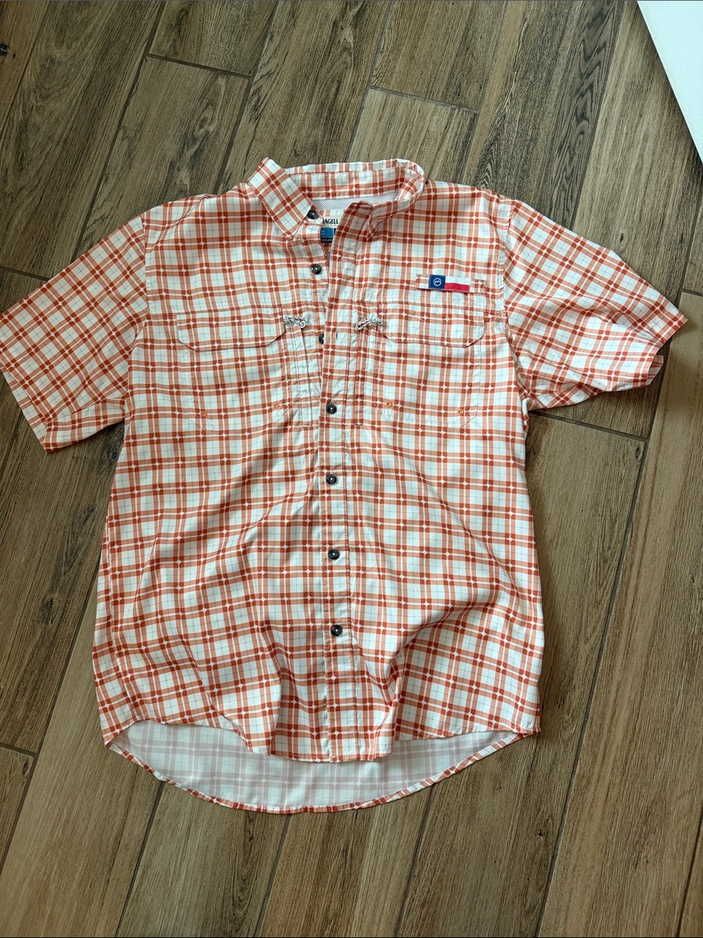 Magellan Men’s Orange and White Plaid Short-Sleeve Button-Down Shirt